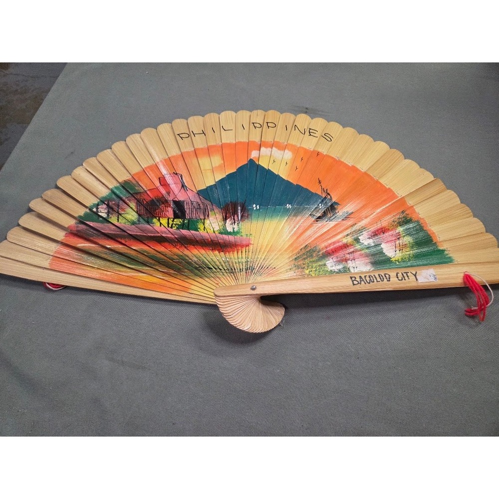 Vintage Philippines Bacolod City Hand Painted Bamboo Folding Fan Souvenir Art